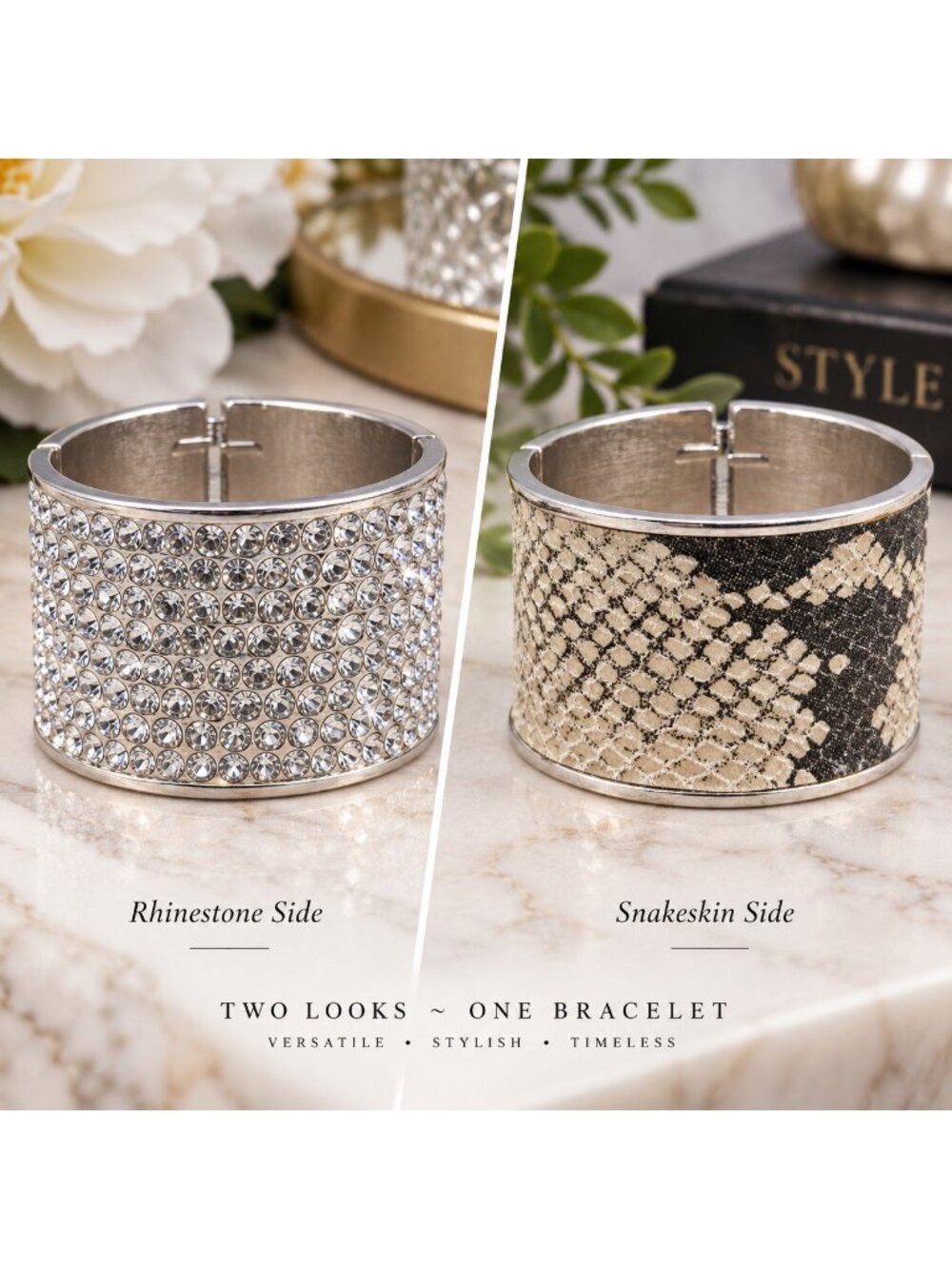 Wide Cuff Bracelet Silver Tone Sparkling Crystals & Snakeskin Hinged Statement
